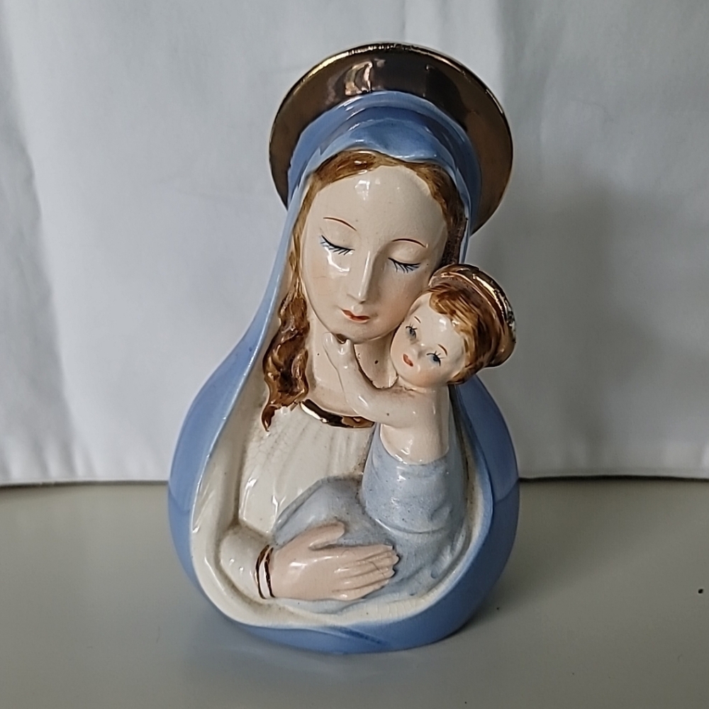Vtg Madonna with Child Porcelain Planter 6.5" tall